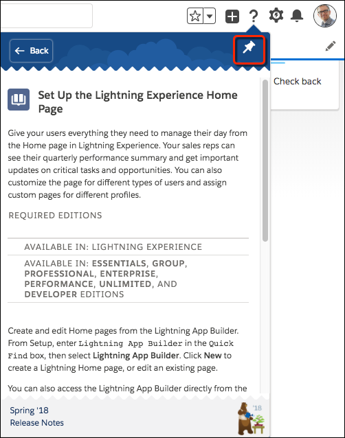 Help menu open with pin icon highlighted