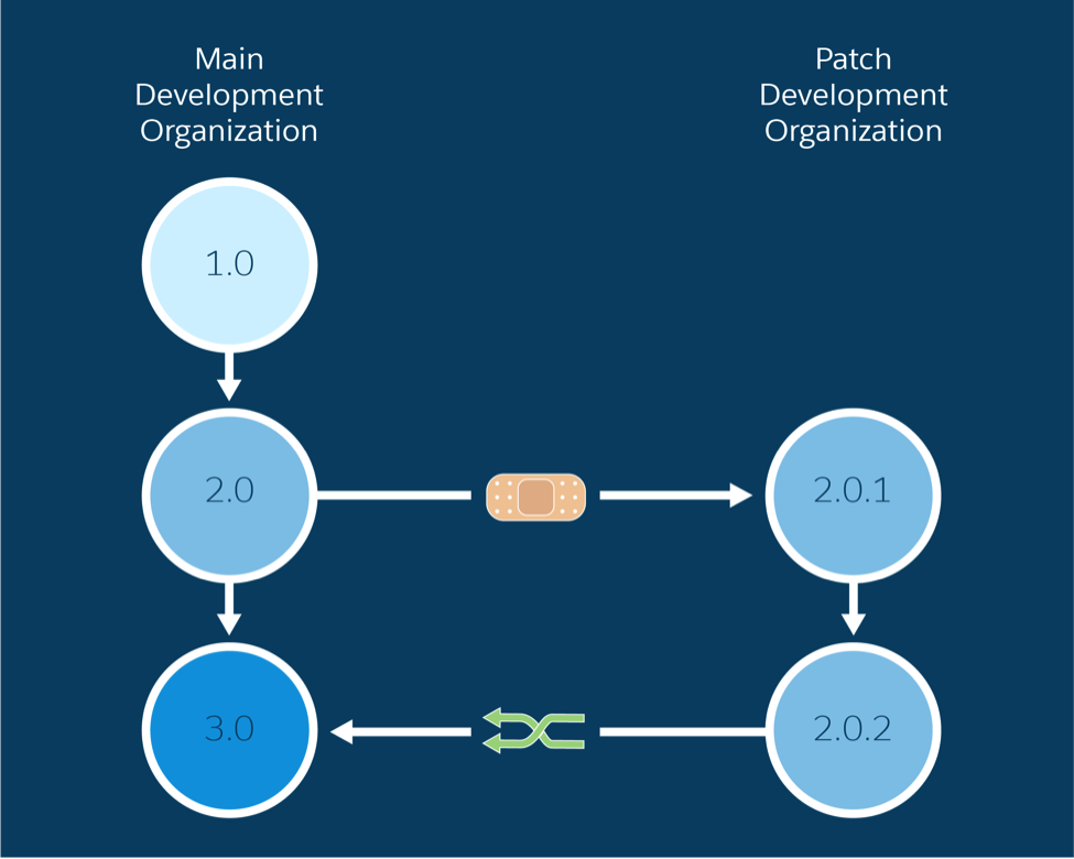 A patch is created from a major version, developed within a            patch development org, and merged back into the main development org            for a major or minor upgrade.