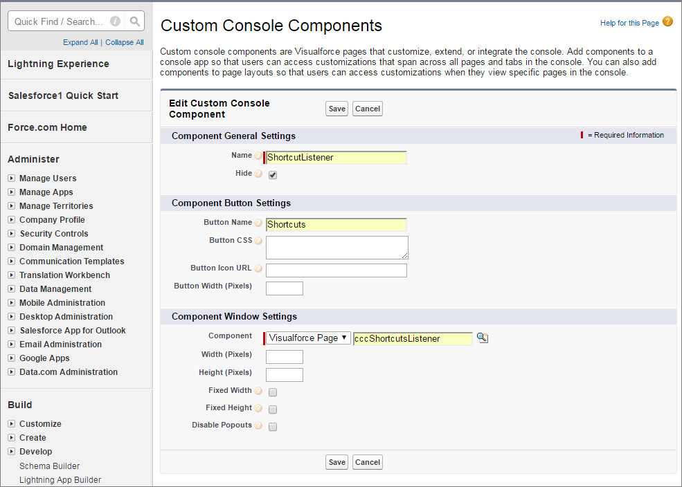 A screen shot of adding a custom console component to the footer for a keyboard shortcut