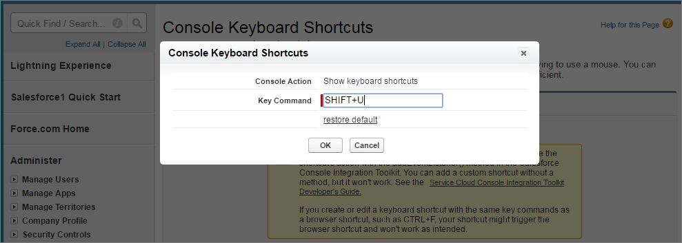 A screen shot of customize standard shortcut overlay in setup