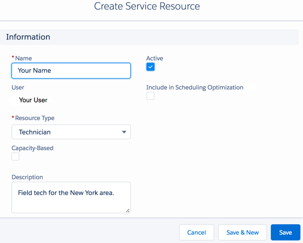 Create a Field Service Resource dialog