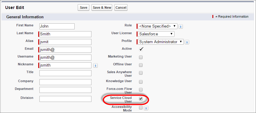 A screen shot of the user edit page with the Service Cloud User license checked.