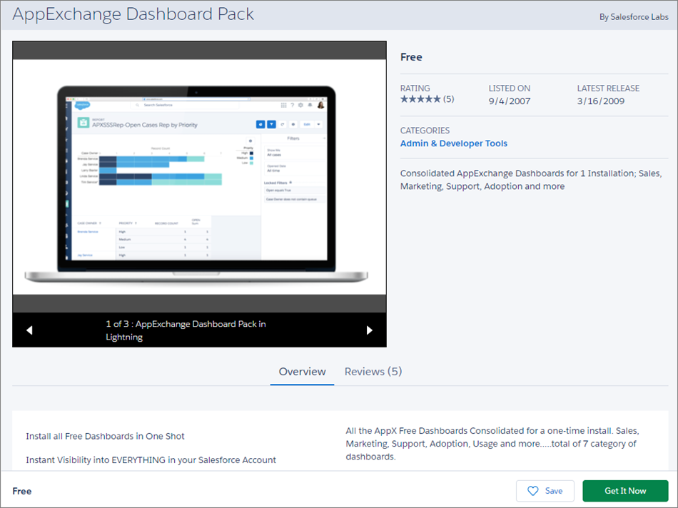 The AppExchange Dashboard Pack's AppeExchange page.