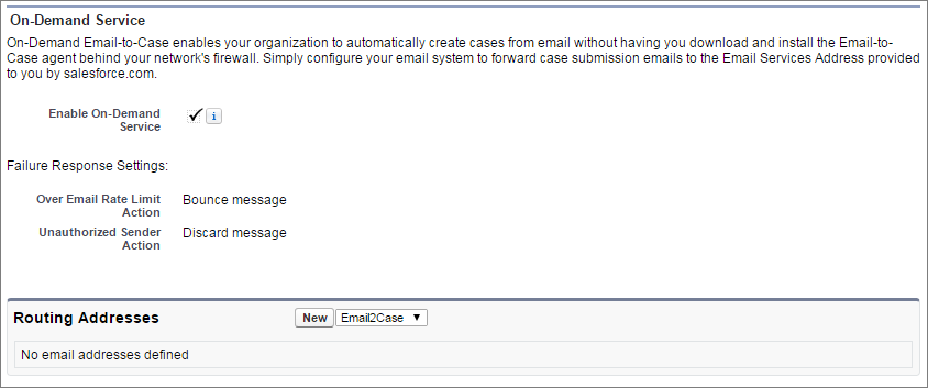 A screen shot of the Email-to-Case routing address list.