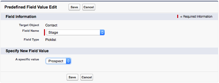 A screenshot of the predefined value for the Stage field