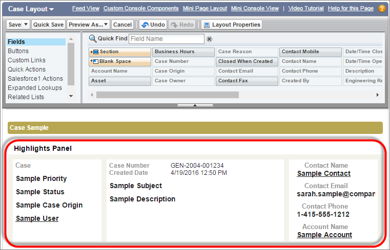 A screen shot of the highlights panel on case page layouts