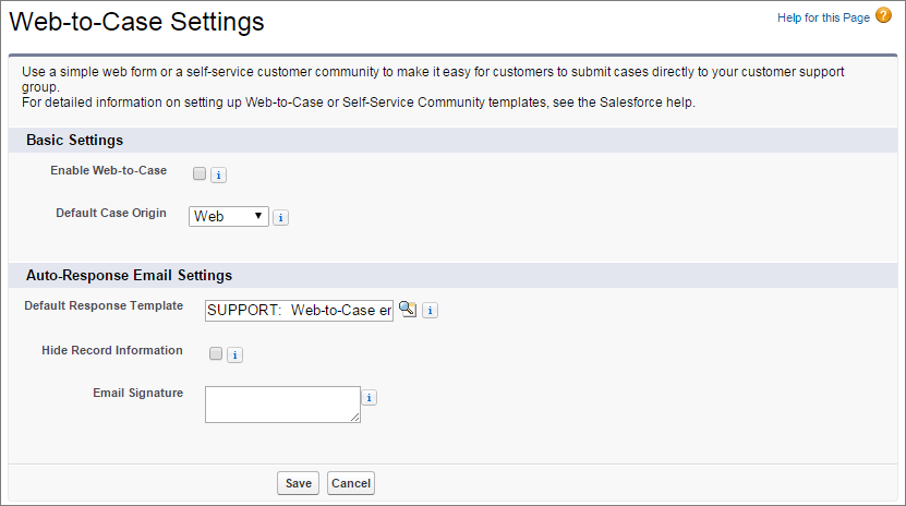 A screen shot of the Web-to-Case settings page.