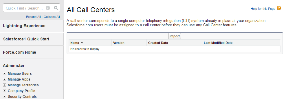 A screen shot of the Call Center area of Setup.