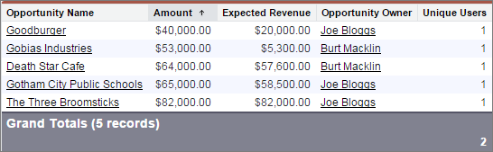 The finished report with unique users displayed at the bottom.