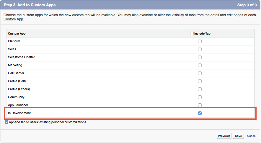 Add tab to In Development app