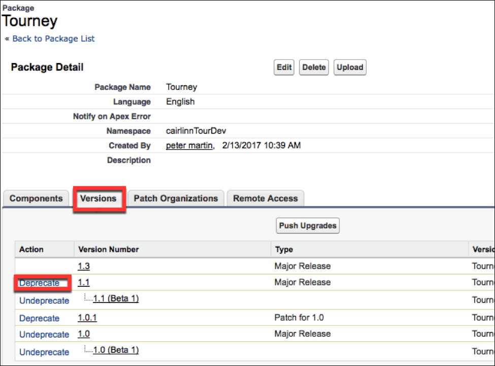 The Package Detail page, where you can deprecate older versions            of your app.