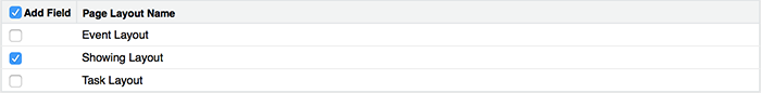 A screenshot of the Showing Layout as the only selected layout for the new field