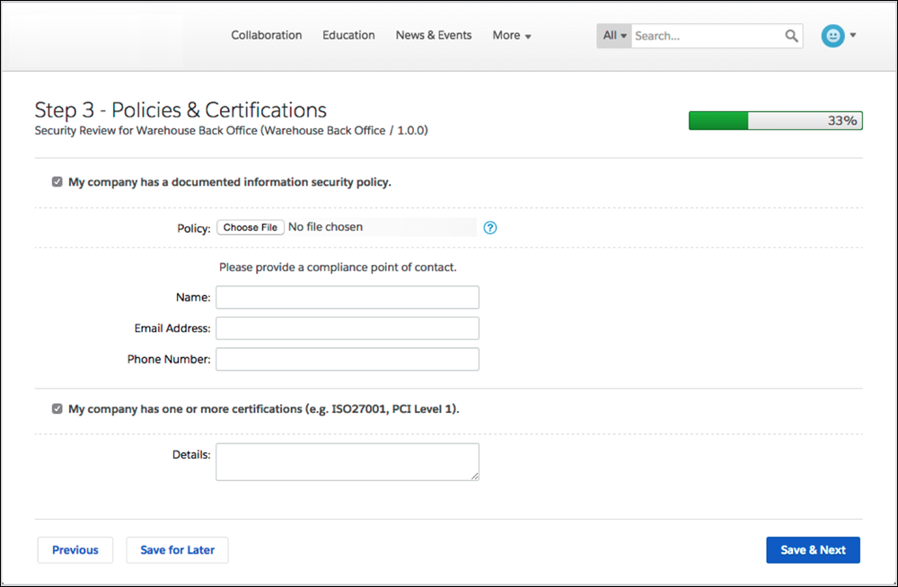 Wizard step 3 screen: policies and certifications