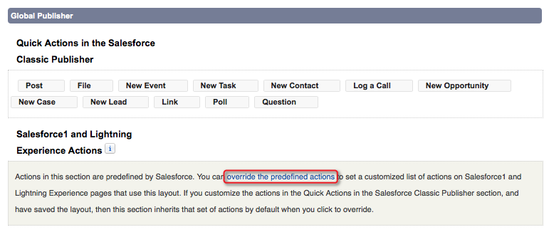 A screenshot of the Override Predefined Actions link in the Publisher