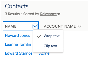 Column header with arrow clicked to show Wrap text and Clip text options