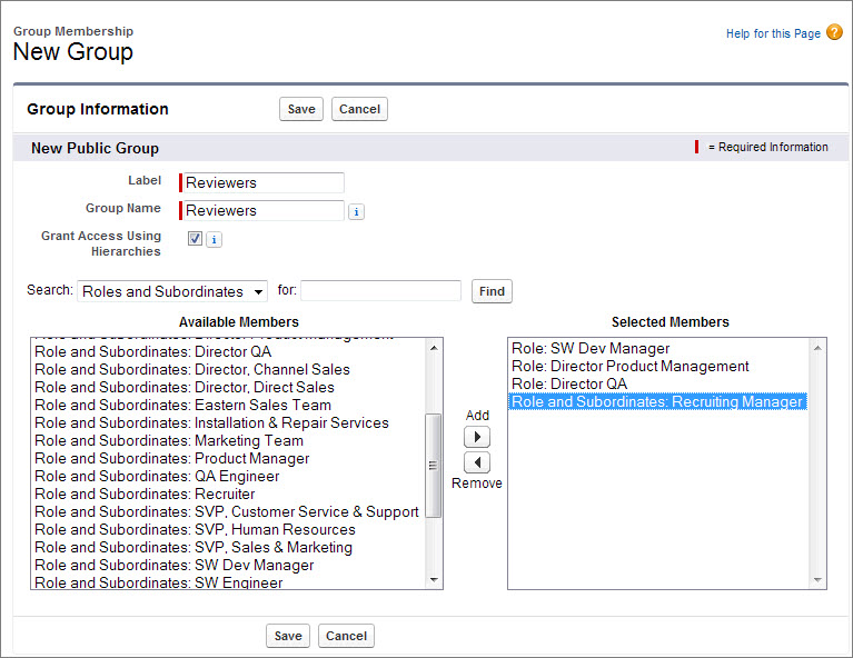 The Sharing Group Membership page for the new group Reviewers. The selected members include those in the SW Dev Manager role and members and subordinates of the Recruiting Manager role.