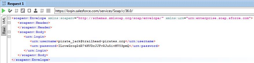 A sample SoapUI login request with our DE org credentials