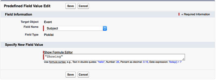 A screenshot of the predefined value for the Subject field