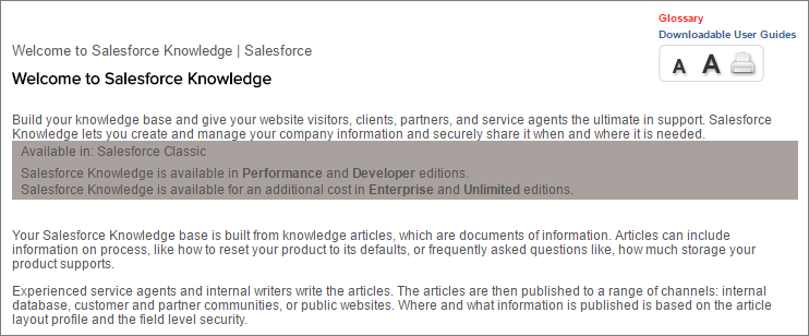 Help page showing Salesforce Knowledge