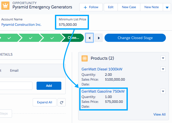 Example of rolling up the minimum product price on an opportunity.