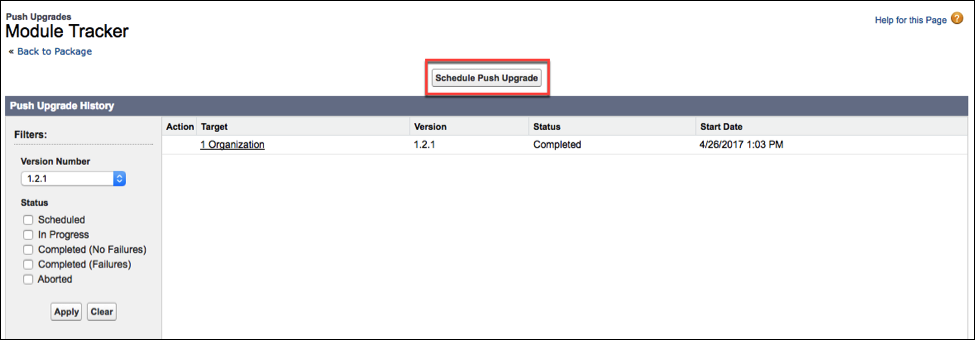 The Push Upgrade History section, where you click Schedule Push            Upgrade.