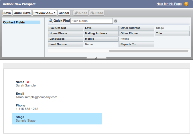 A screenshot of the fields on the action layout