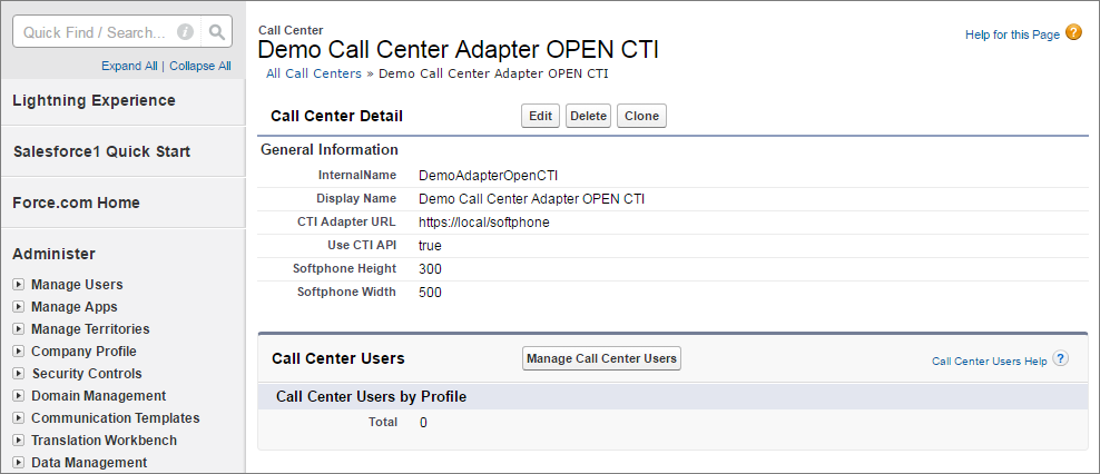 A screenshot of Call Center in Setup with detail information appearing.