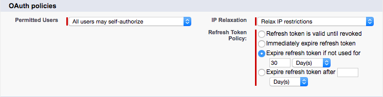 Screenshot of the connected app's OAuth policies