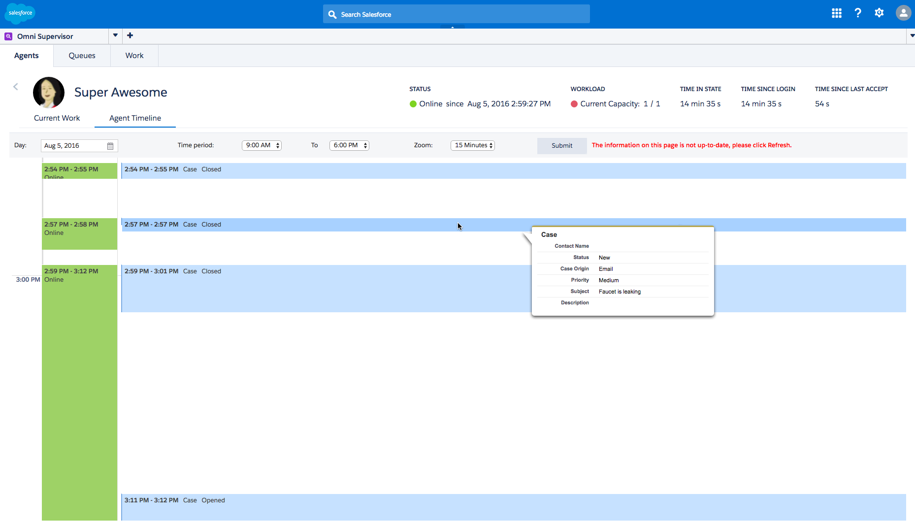 The agent timeline for an agent in Omni-Channel Supervisor