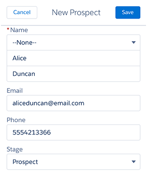 A screenshot of the prospect's details in Salesforce1