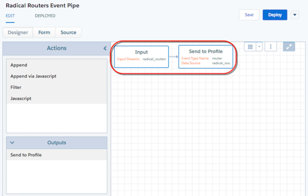 Radical Routers Event Pipe with input stream sending data to the router profile.