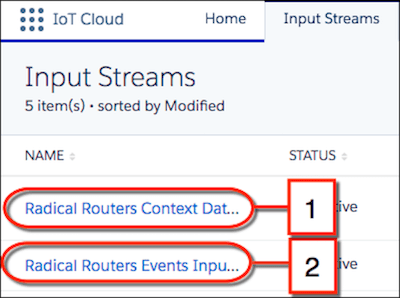 Two input streams: one for Radical Router context data and one for Radical Router event data.