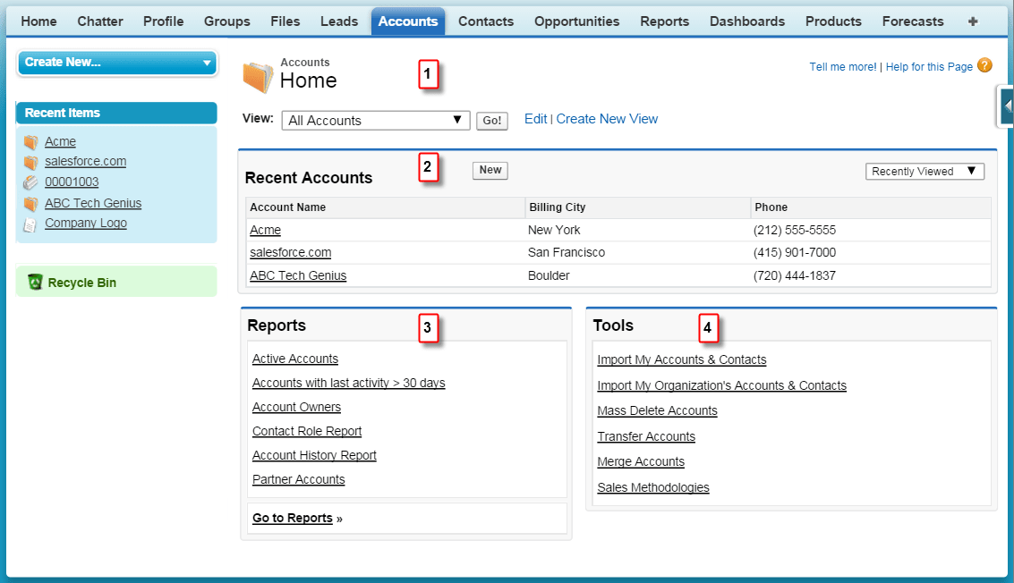 The Home page for accounts