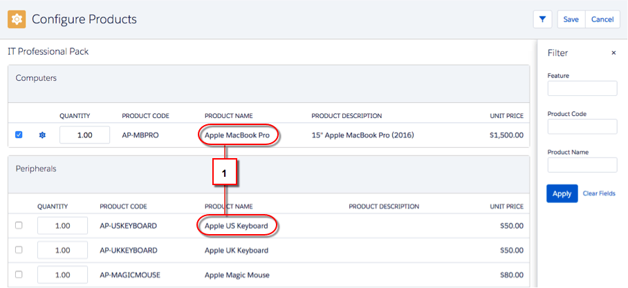 Configure Products screen with product name highlighted twice