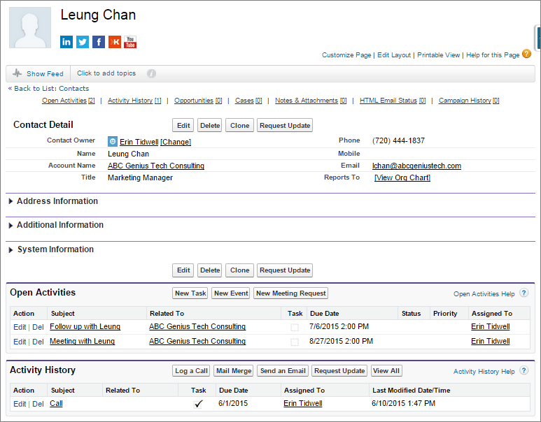 A screenshot of Leung Chan's contact detail page