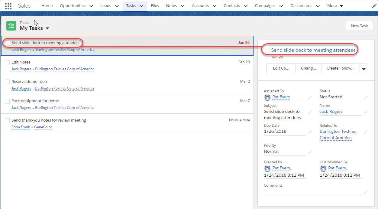 The tasks page has a list view on the left and a detail view on the right