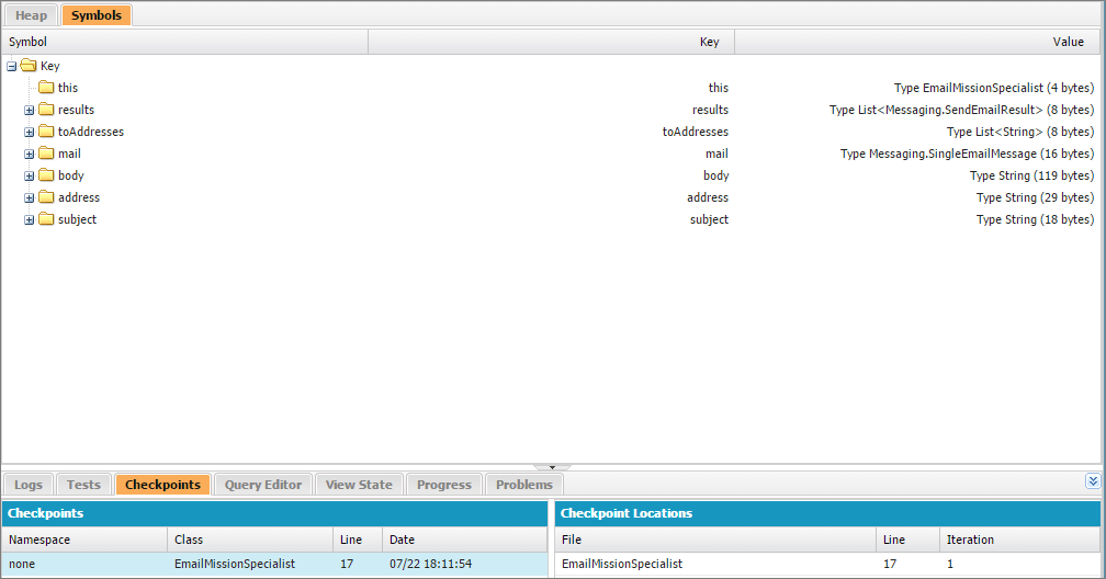 The Symbols Tab in the Checkpoint Inspector