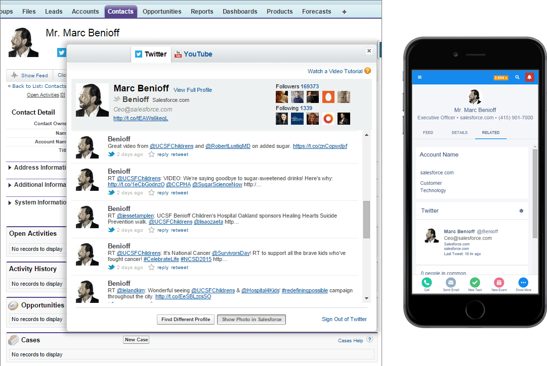 Side-by-side comparison of Twitter in Salesforce on the desktop and a mobile device