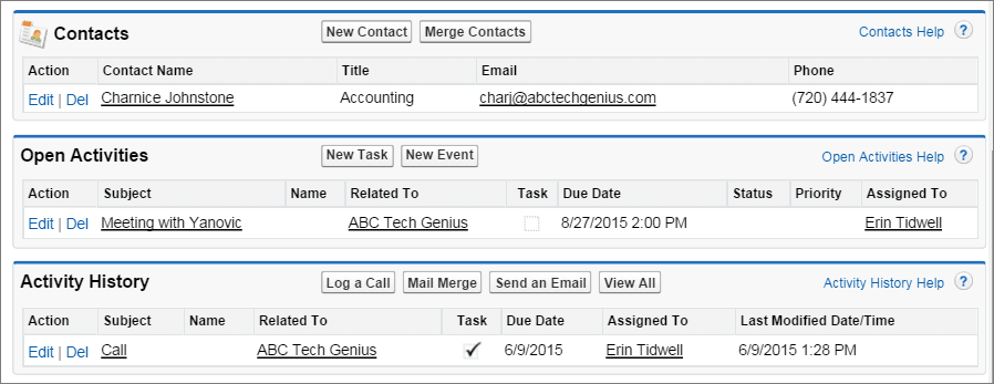 A screenshot of related lists fof Contacts, Open Activities, and Activity History