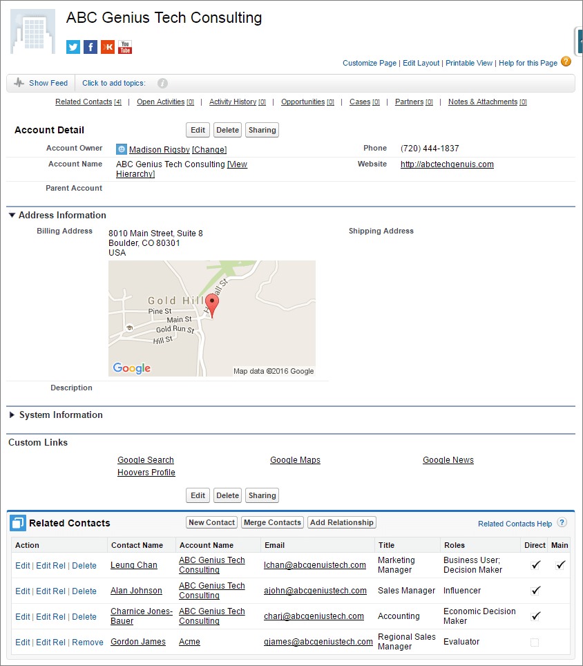 A screenshot of the ABC Genuis Tech Consulting account detail page