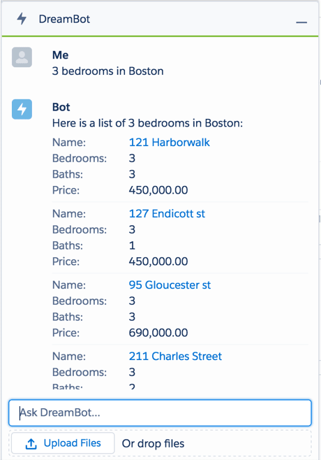 The chat bot window with search results.