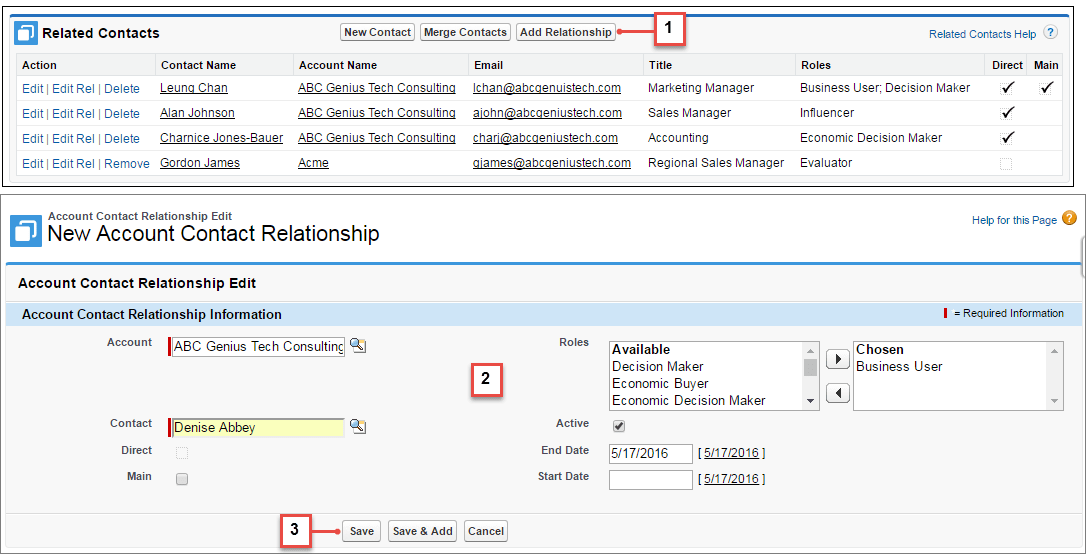Create relationships between contacts and accounts
