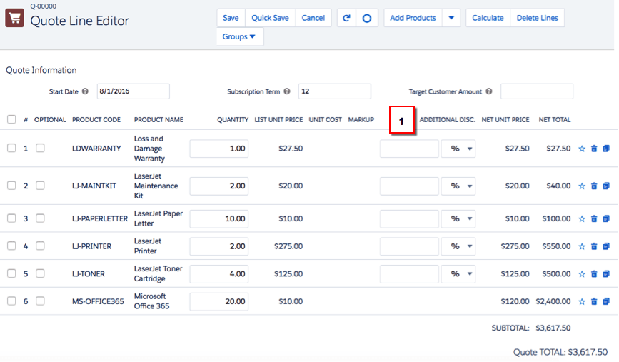 Quote Line Editor screen with highlights: 1. Additional Desc