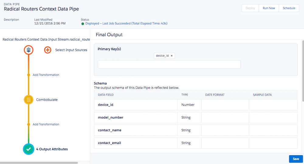 Data pipe for Radical Routers Context Data Pipe with four output attributes under the schema.