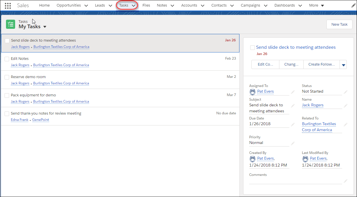 The Tasks home page in Lightning Experience