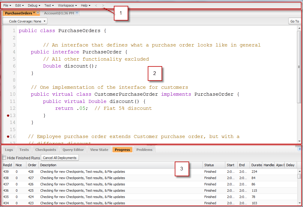 Force.com Developer Console layout