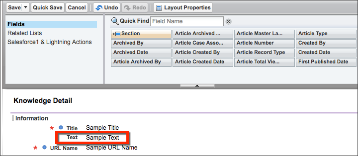 page layout editor for Knowledge with the Title field on top and the Text field directly below it