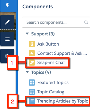 Go to Components. The Snap-ins Chat component is under the Support menu, and the Trending Articles by Topic Component is under the Topics menu.