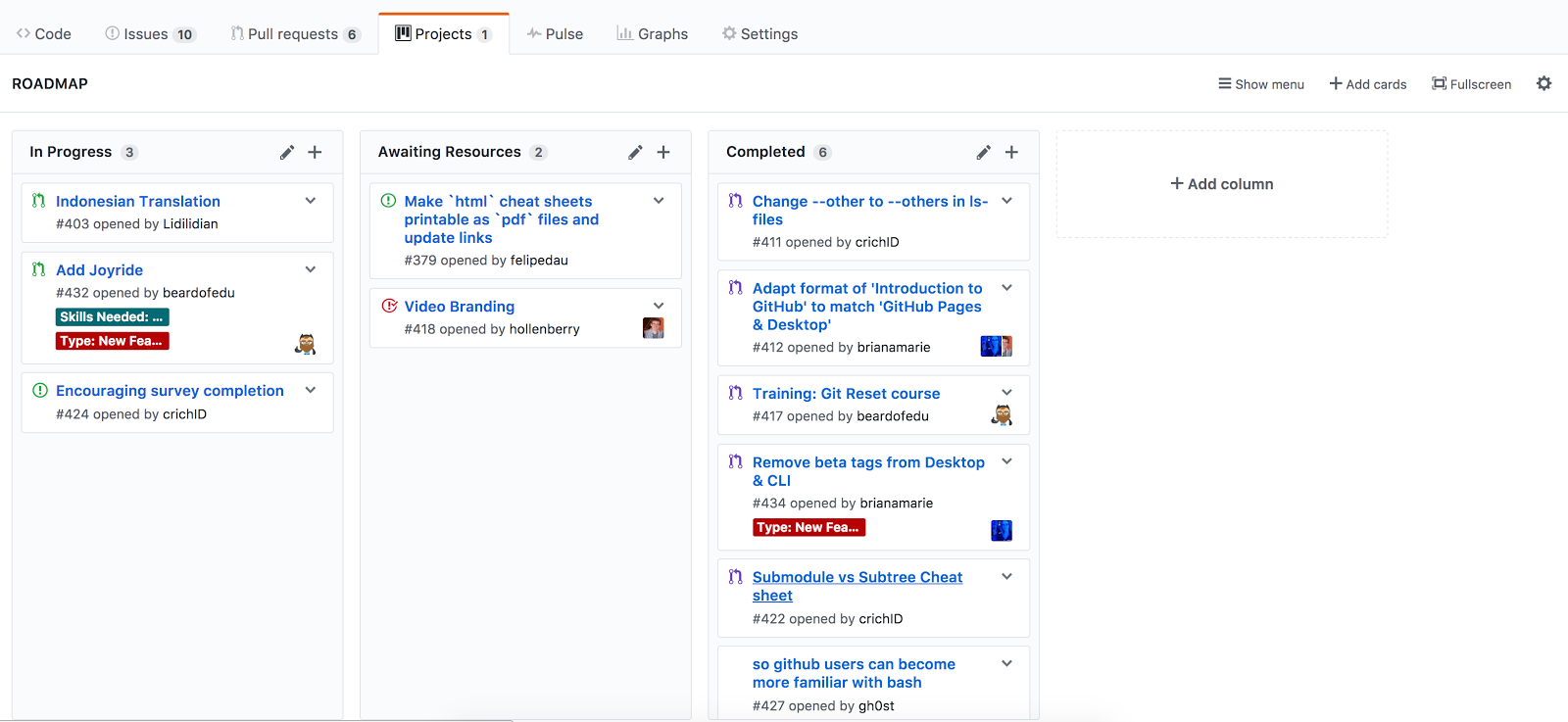 Screenshot of GitHub’s Kanban style project boards.