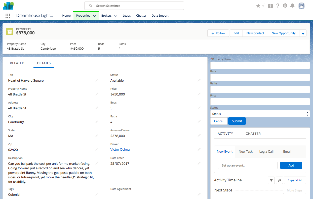 alt text: Property record page with the Property Dialog component added.